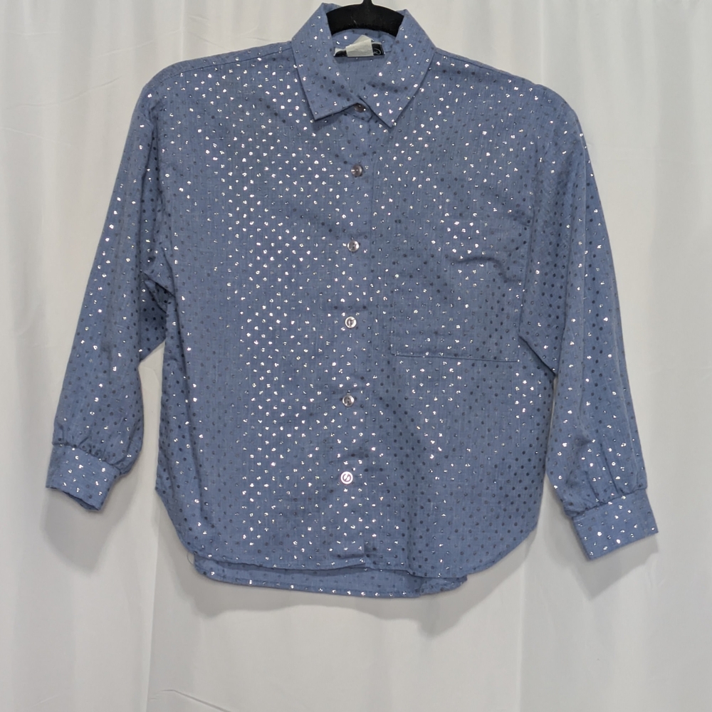 Vintage Blue Button Down Shirt with Polka Dot Pattern